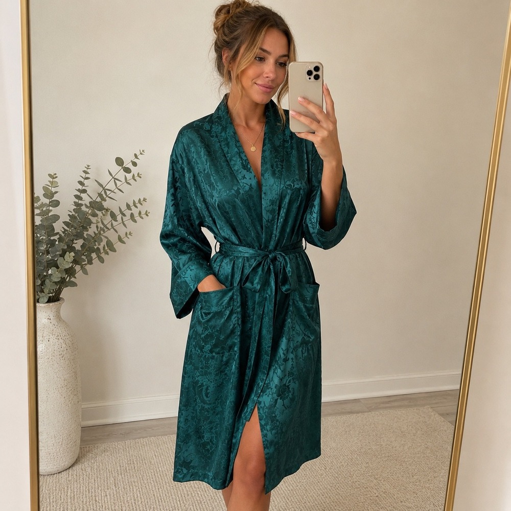 Vintage Victoria's Secret Emerald Green Floral Jacquard Satin Robe Size M/L